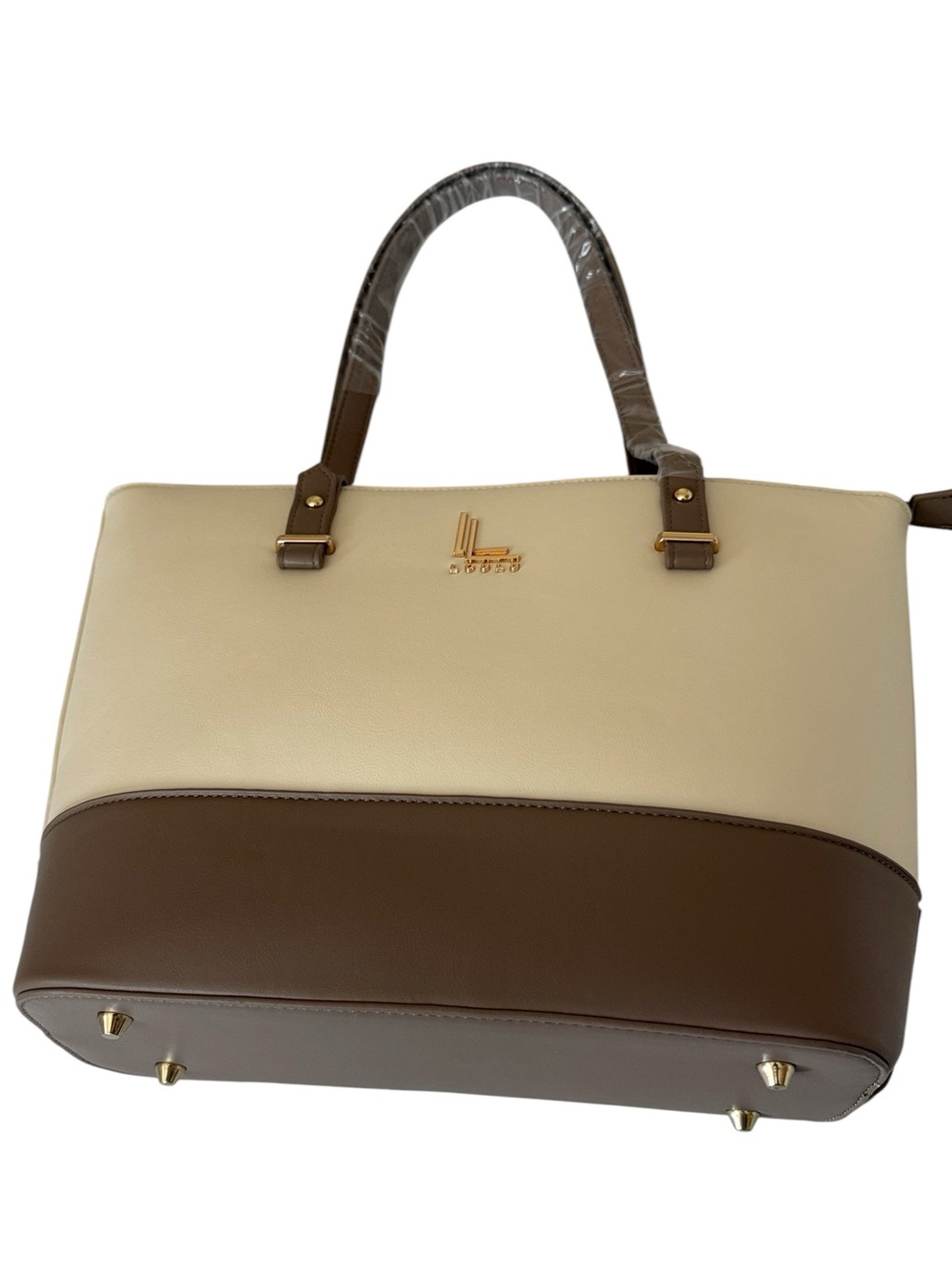 Loulu Elegant Two-Tone Cream /Taupe Structured Tote Bag,faux leather ,15”x10”x5” - Picture 3 of 10